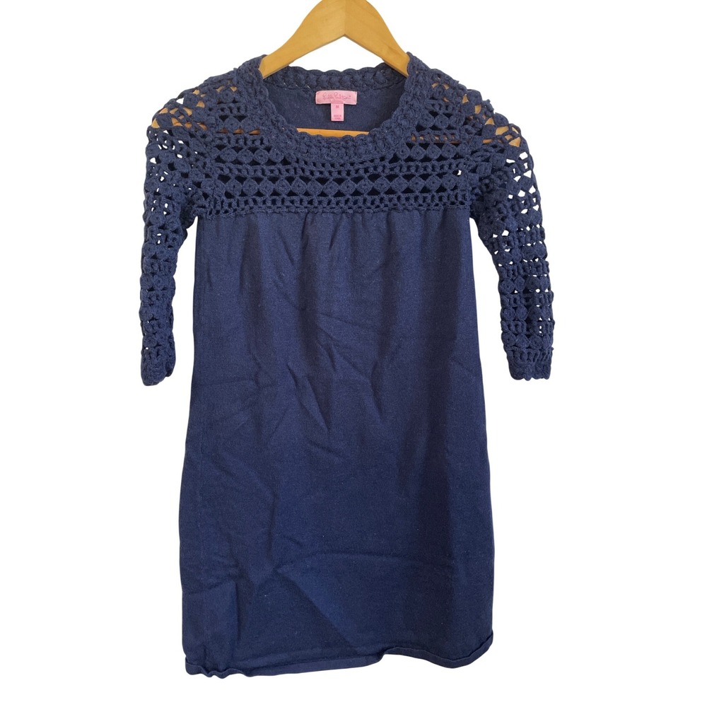 Lilly‎ Pulitzer Girls Medium Sweater Dress Navy Blue Merino Wool Crochet Accent